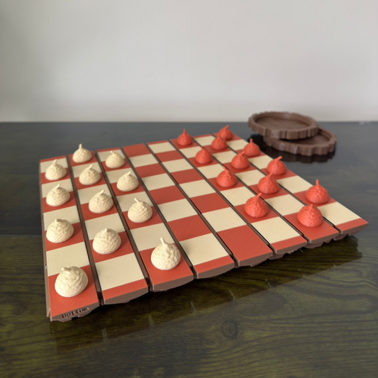 Checkered game board with red and white pieces on a dark surface